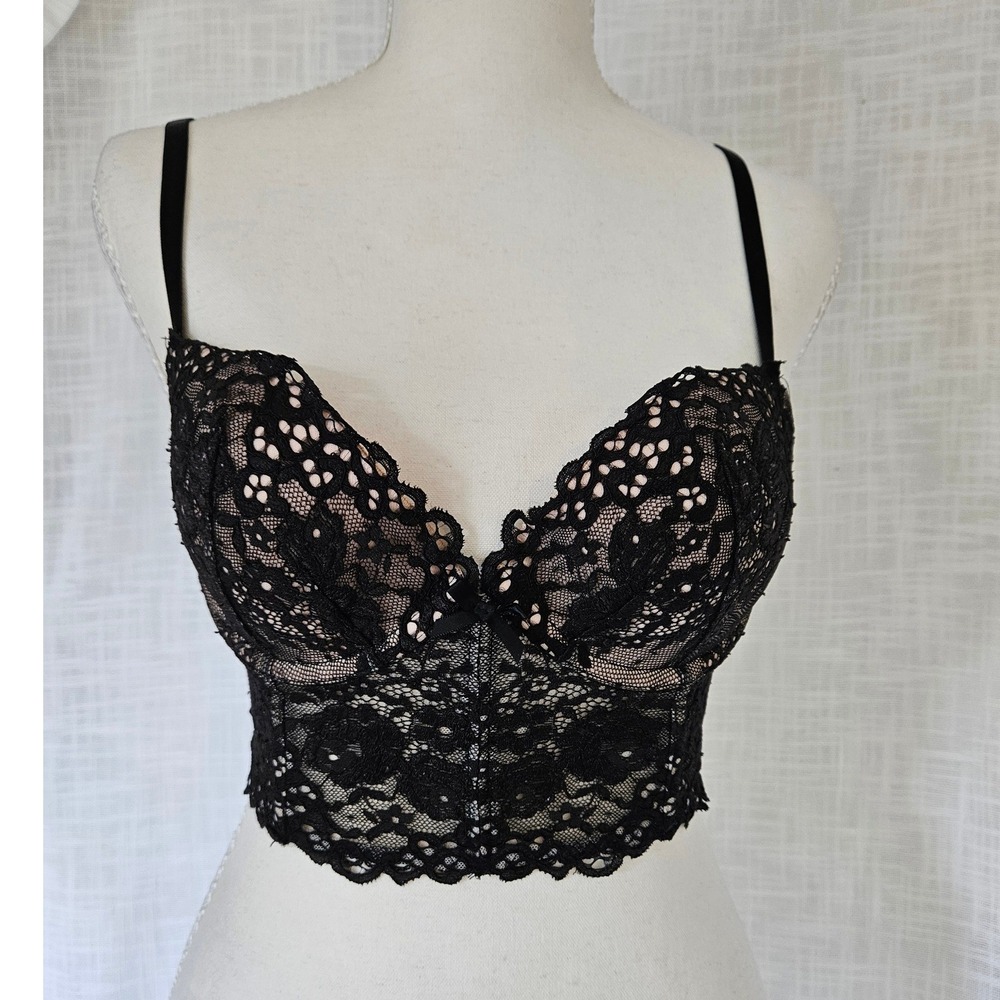 Victoria's Secret Bustier Bra Women 32D Black Lace Underwire Dark Romantic Glam